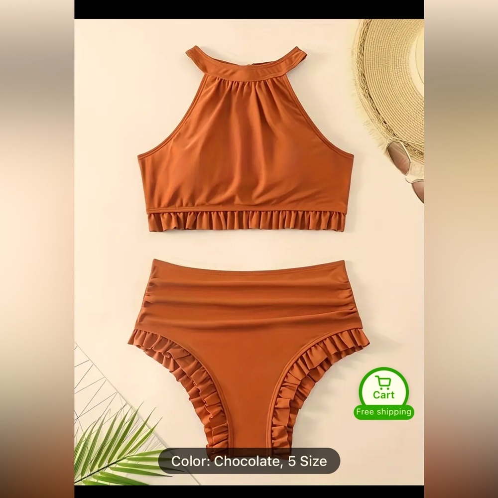 Women’s XL Chocolate Ruffle high waisted Bikini Set NWOT